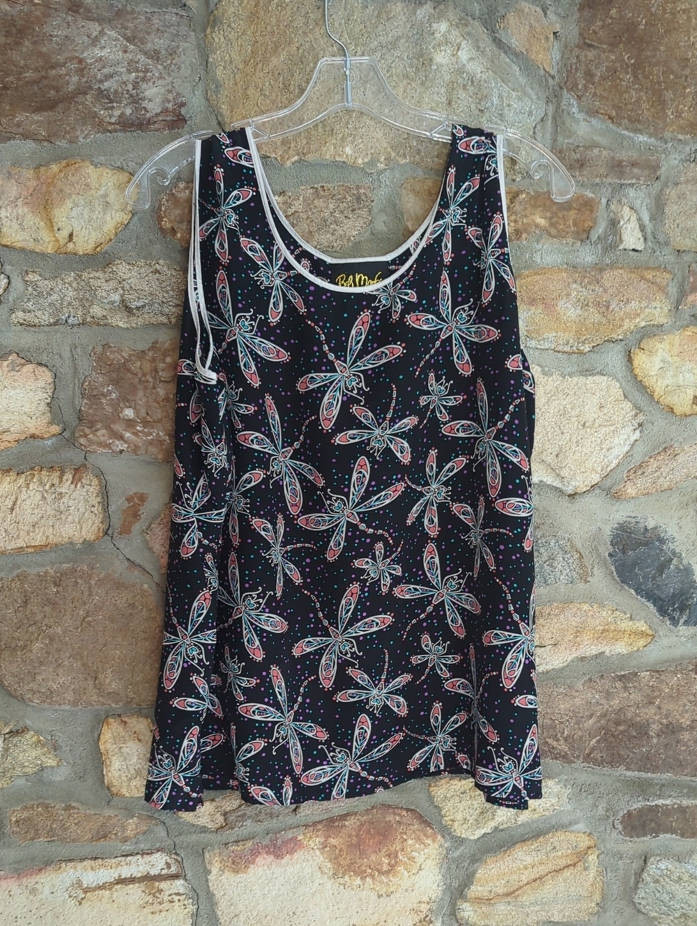 Bob Mackie 100% Silk Tank Top with Pink and Aqua Floral Dragonfly Print